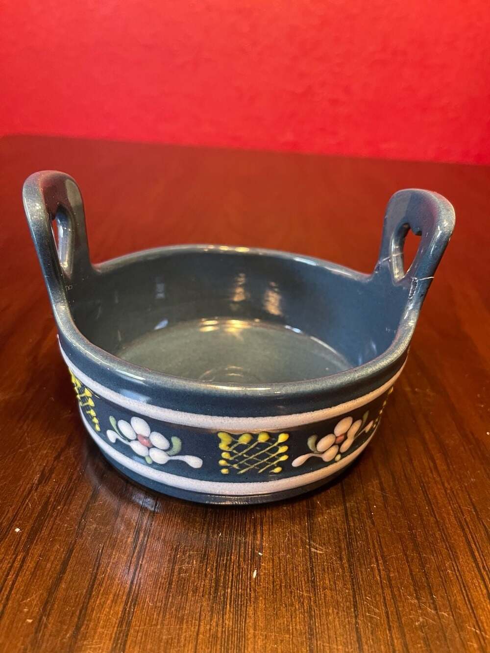 Gmundner Keramik Austria Blue Ceramic Hand Painted Floral Posy Bowl w/Heart Hand